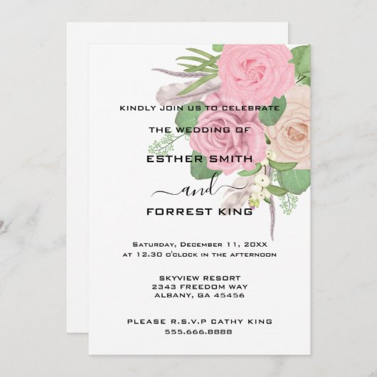 Invitation Elégant Boho rose blanc bouquet Mariage (Devant / Derrière)