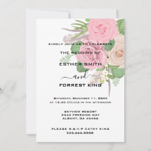 Invitation Elégant Boho rose blanc bouquet Mariage