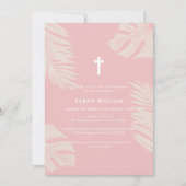 Invitation Élégant Boho rose Dusty Feuilles Cross Baptême (Devant)