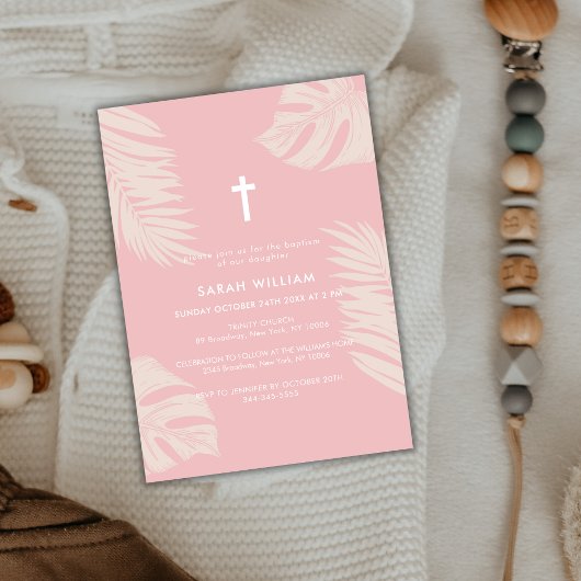 Invitation Élégant Boho rose Dusty Feuilles Cross Baptême