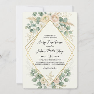 Invitation Élégant Boho Rose Floral Géométrique Doré Mariage