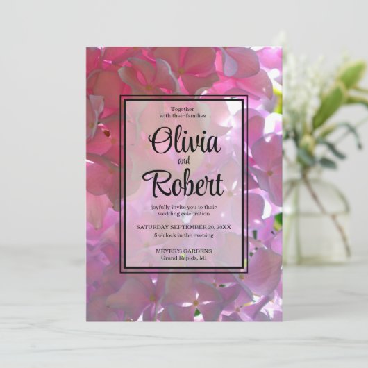 Invitation Élégant boho rose florales hydrangées Mariage (Debout devant)