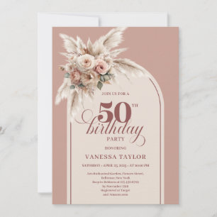 Invitation Élégant Boho Rose Poussiéreux Pampas Floral 50 Ann