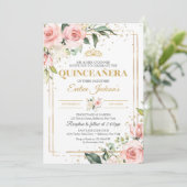 Invitation Élégant boho rose rousse roses vert quinceanera (Debout devant)