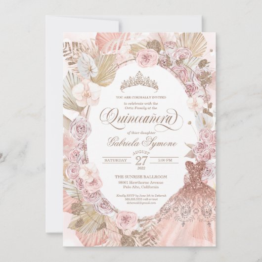 Invitation Elégant Boho rose séché Floral Roses Quinceanera (Devant)