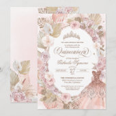 Invitation Elégant Boho rose séché Floral Roses Quinceanera (Devant / Derrière)