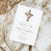 Invitation Élégant Boho Rouge Floral Croix Baptême