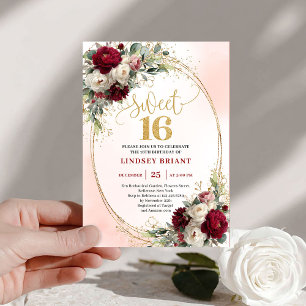 Invitation Élégant Boho Rouge Foncé Or Floral Sweet Seize 