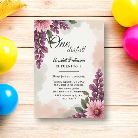 Invitation Elégant Boho rustique aquarelle Floral 1er anniver
