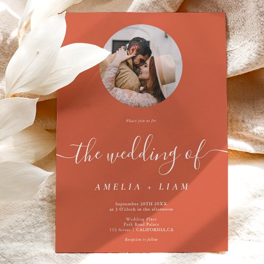 Invitation Élégant boho terracotta blanc script photo mariage