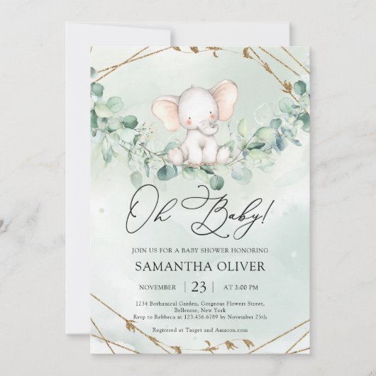 Invitation Elégant Boho Verdure Eucalytpus Elephant Oh Baby (Devant)