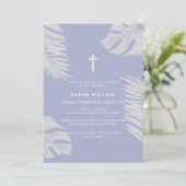 Invitation Élégant Boho violet Feuilles Cross Baptême (Debout devant)