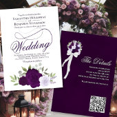 Invitation Élégant Boho violet Roses Floral QR Code Mariage