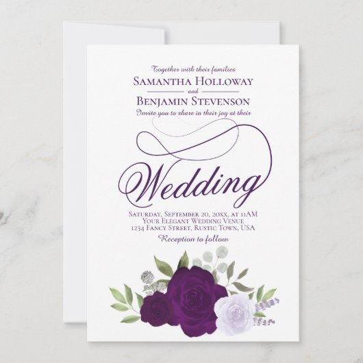 Invitation Élégant Boho violet Roses Floral QR Code Mariage (Devant)