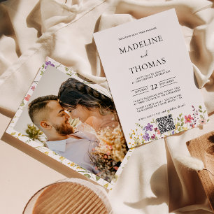 Invitation Elegant Boho Wild Flower Photo QR Code Mariage