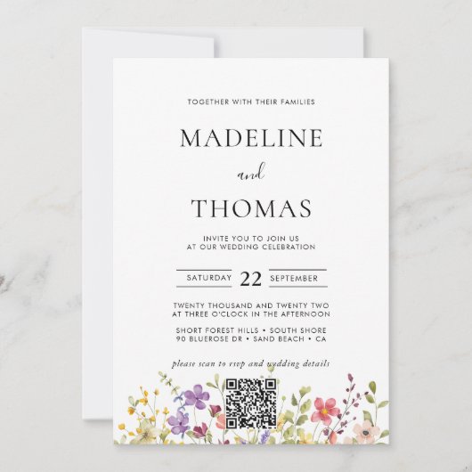 Invitation Elegant Boho Wild Flower Photo QR Code Mariage (Devant)