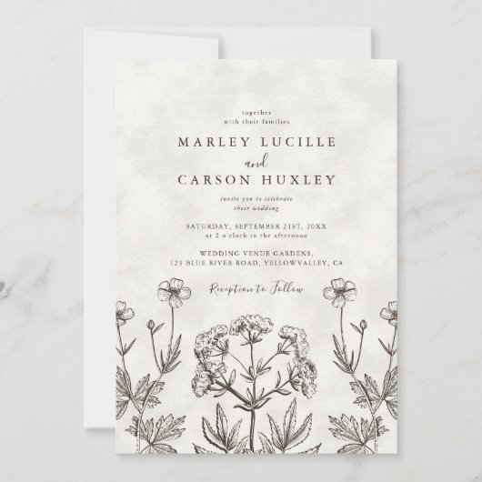 Invitation Elegant Boho Wildflower White Texture Wedding (Devant)
