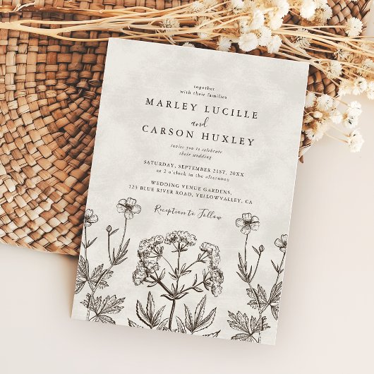 Invitation Elegant Boho Wildflower White Texture Wedding