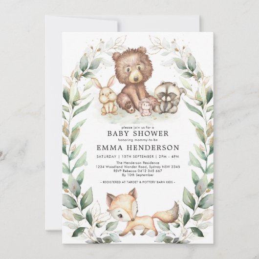 Invitation Elégant Bois Animaux Baby shower Verdure Or (Devant)