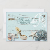 Invitation Elégant bois BLue Seashells Plage douche nuptiale (Devant)