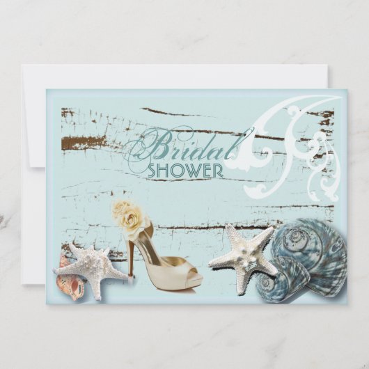 Invitation Elégant bois BLue Seashells Plage douche nuptiale (Devant)