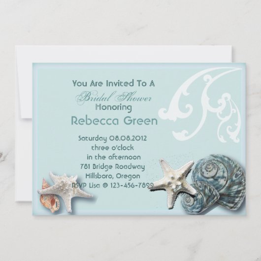 Invitation Elégant bois BLue Seashells Plage douche nuptiale (Dos)
