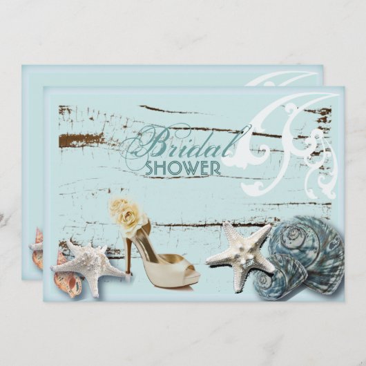 Invitation Elégant bois BLue Seashells Plage douche nuptiale (Devant / Derrière)