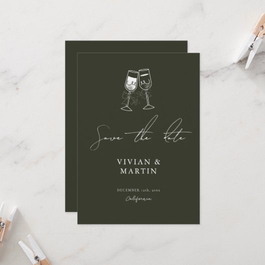 Invitation Élégant Bois d'Olive Vert Save The Date (Devant/Arrière en situation)