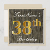 Invitation Élégant, Bois Faux, Or Faux 38e Anniversaire + Nom (Devant / Derrière)