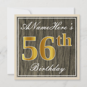 Invitation Élégant, Bois Faux, Or Faux 56e Anniversaire + Nom