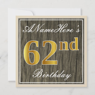 Invitation Élégant, Bois Faux, Or Faux 62e Anniversaire + Nom