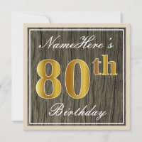 Élégant, Bois Faux, Or Faux 80e Anniversaire + Nom