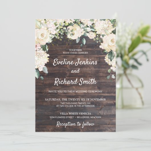 Invitation Elégant bois rustique blanc roses verdure mariage (Debout devant)