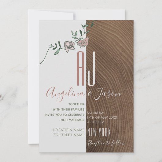 Invitation Elégant bois rustique et Mariage floral Rose pouss (Devant)