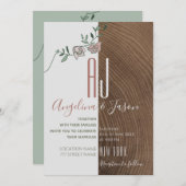 Invitation Elégant bois rustique et Mariage floral Rose pouss (Devant / Derrière)
