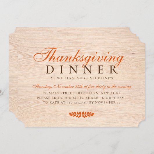 Invitation Élégant bois rustique Feuilles d'automne Thanksgiv (Devant / Derrière)