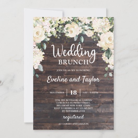 Invitation Elégant bois rustique verdure roses blancs fleuris (Devant)