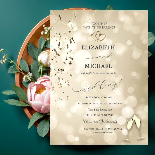 Invitation Elegant Bokeh,Confetti Wine Glasses Wedding