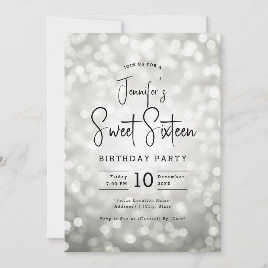 Invitation Élégant Bokeh Lights Script moderne Sweet 16 Argen (Devant)