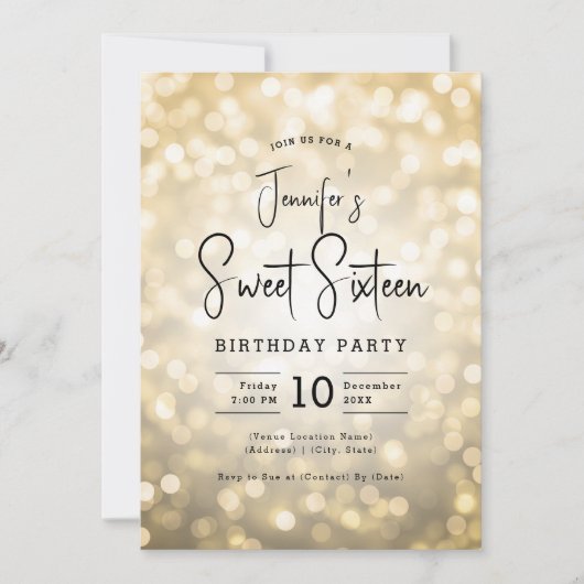 Invitation Élégant Bokeh Lights Script moderne Sweet 16 Or (Devant)