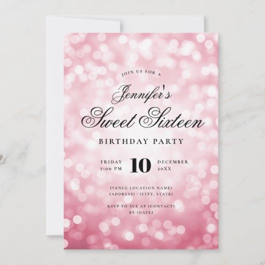 Invitation Élégant Bokeh Lights Script Sweet 16 Blush Rose (Devant)
