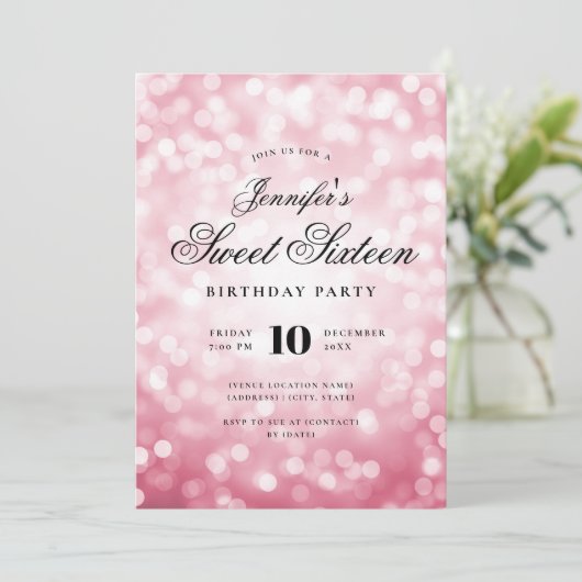 Invitation Élégant Bokeh Lights Script Sweet 16 Blush Rose (Debout devant)