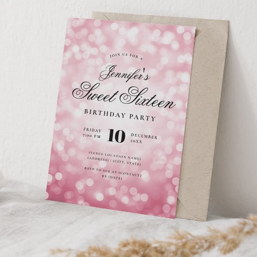 Invitation Élégant Bokeh Lights Script Sweet 16 Blush Rose