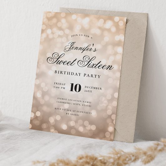 Invitation Élégant Bokeh Lights Script Sweet 16 Rose Gold