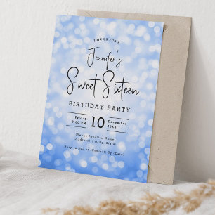 Invitation Elégant Bokeh Modern Script Sweet 16 Navy Blue