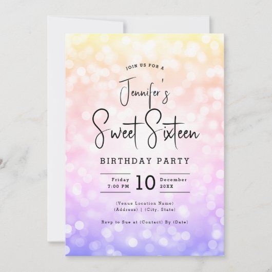 Invitation Elégant Bokeh Modern Script Sweet 16 Ombre Rainbow (Devant)