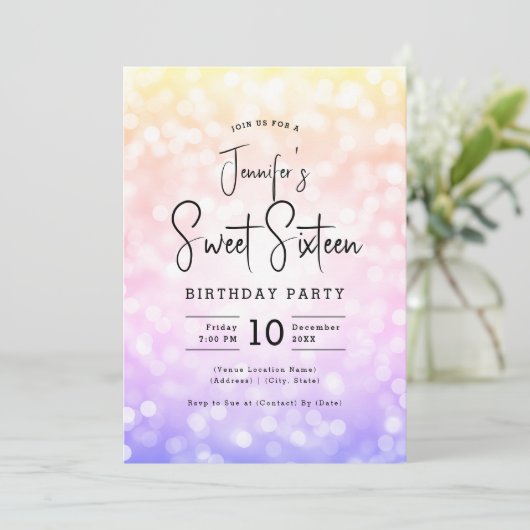 Invitation Elégant Bokeh Modern Script Sweet 16 Ombre Rainbow (Debout devant)