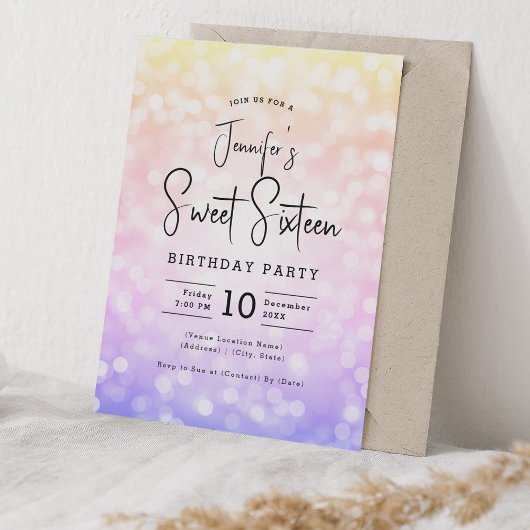 Invitation Elégant Bokeh Modern Script Sweet 16 Ombre Rainbow