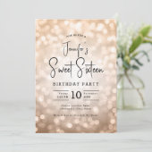 Invitation Elégant Bokeh Modern Script Sweet 16 Rose Gold (Debout devant)