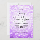 Invitation Elégant Bokeh moderne Script Sweet 16 violet (Devant)